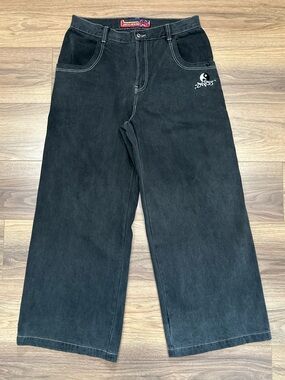 JNCO Vintage Wide Leg Pants Baggy Ying Yang Patch in Black Size 34 X 32